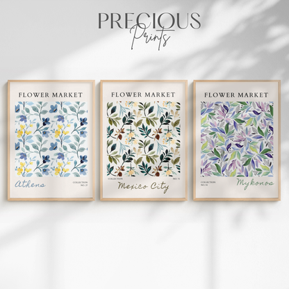 Set of 3 Blue Flower Market Prints