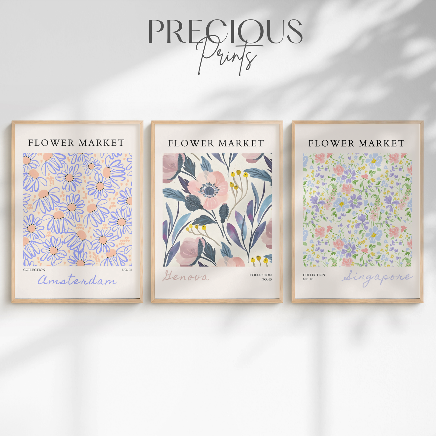 Set of 3 Blue Flower Market Prints