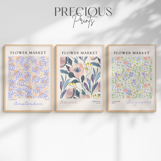 Set of 3 Blue Flower Market Prints