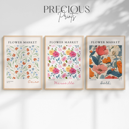 Set of 3 Botanical Flower Market Prints