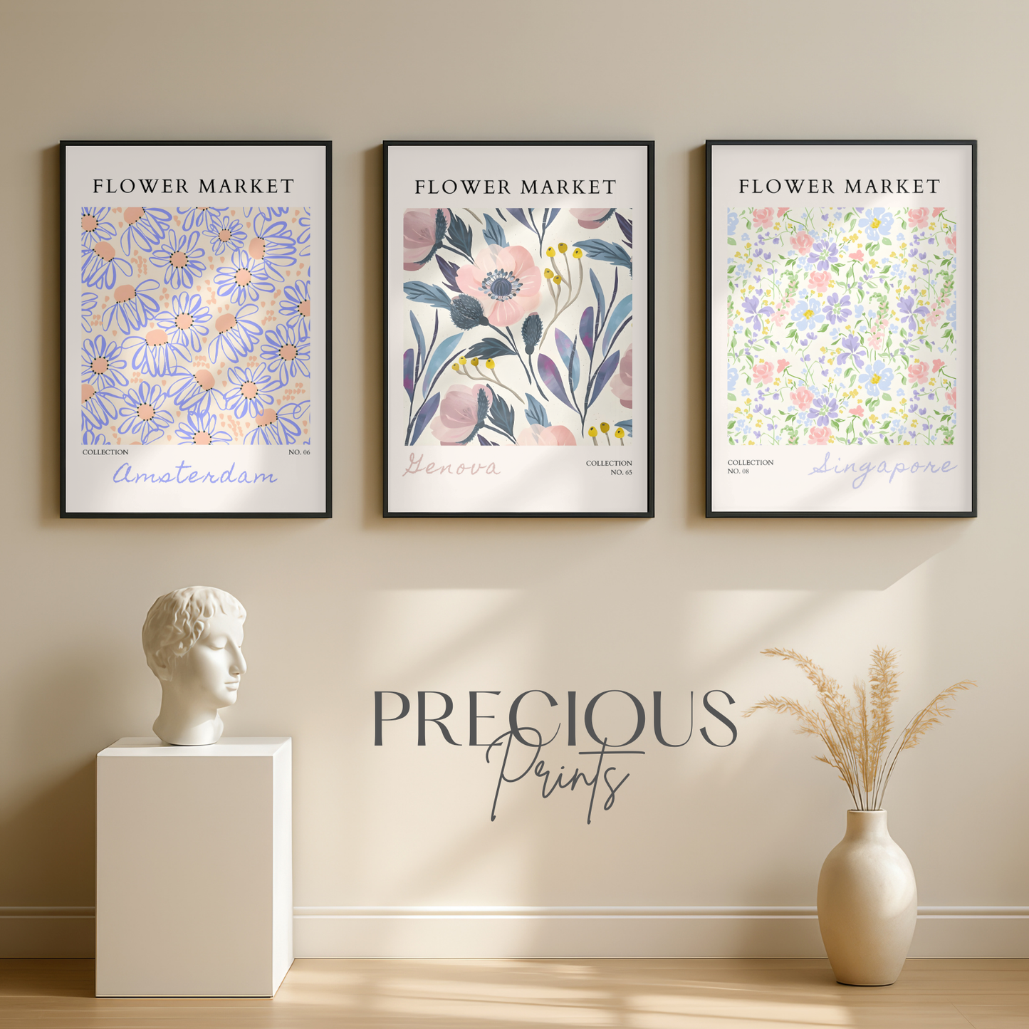 Set of 3 Blue Flower Market Prints