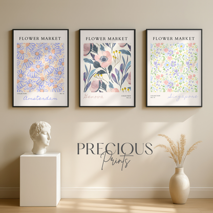 Set of 3 Blue Flower Market Prints