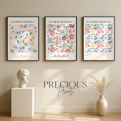 Set of 3 Pink, Coral & Blue Flower Market Prints