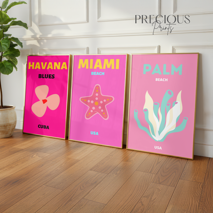 Pink Tropical Travel Print Set of 3 | Miami, Palm Beach & Havana Wall Art