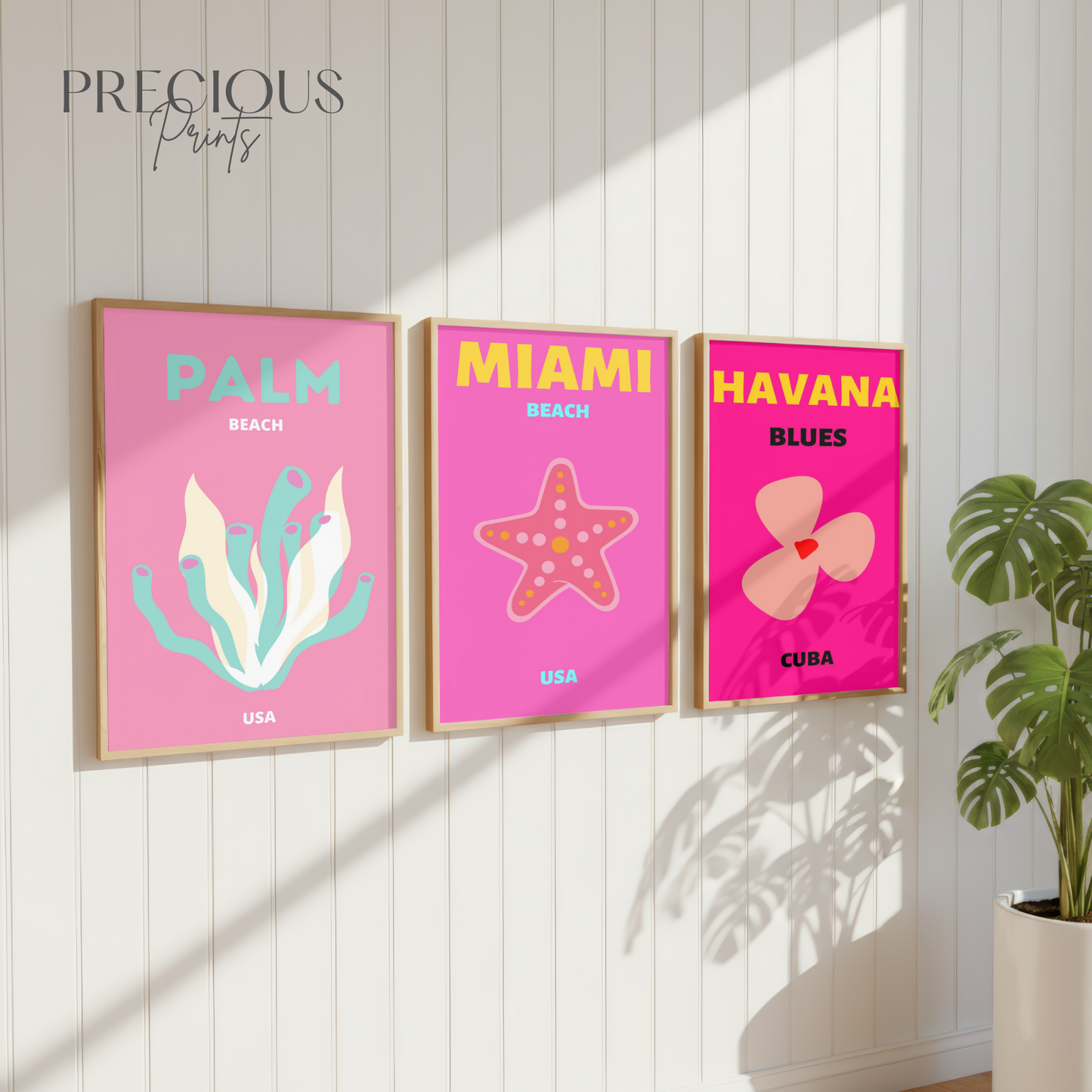 Pink Tropical Travel Print Set of 3 | Miami, Palm Beach & Havana Wall Art