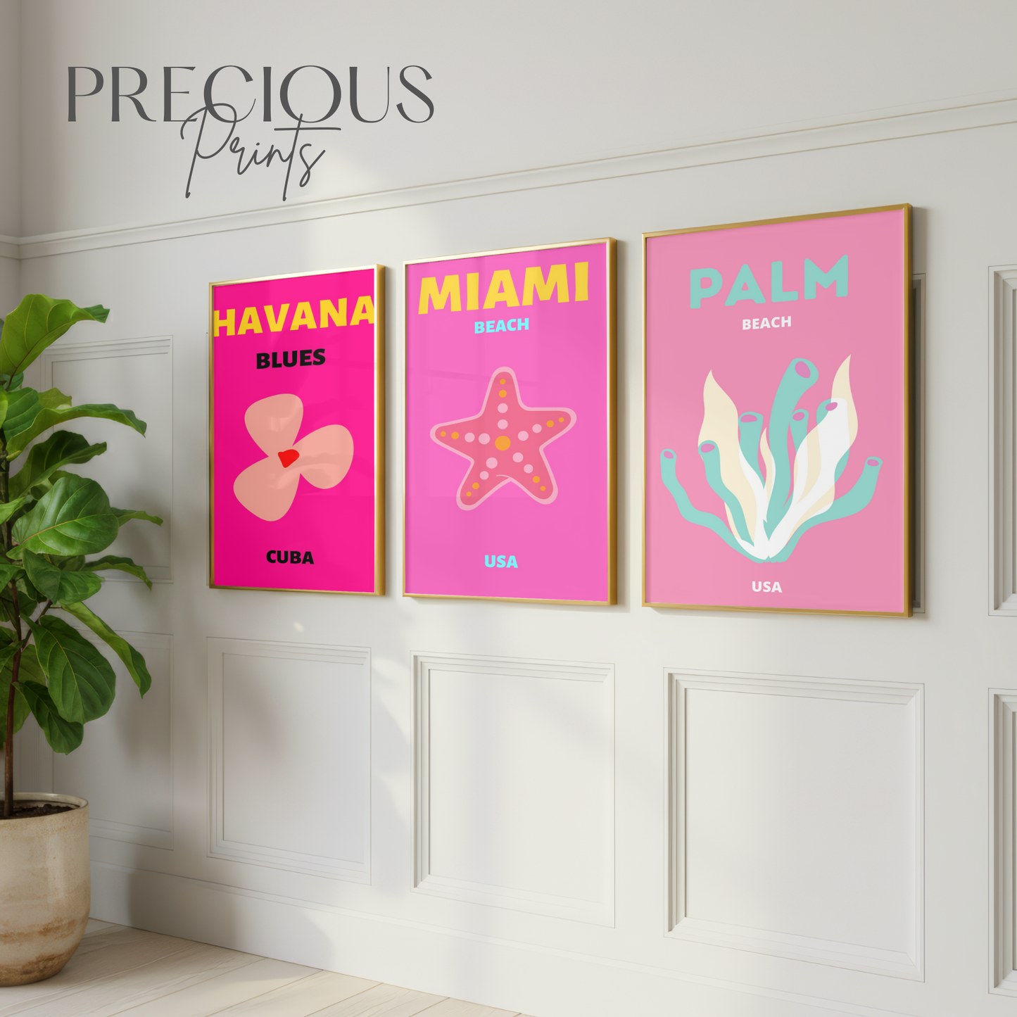 Pink Tropical Travel Print Set of 3 | Miami, Palm Beach & Havana Wall Art