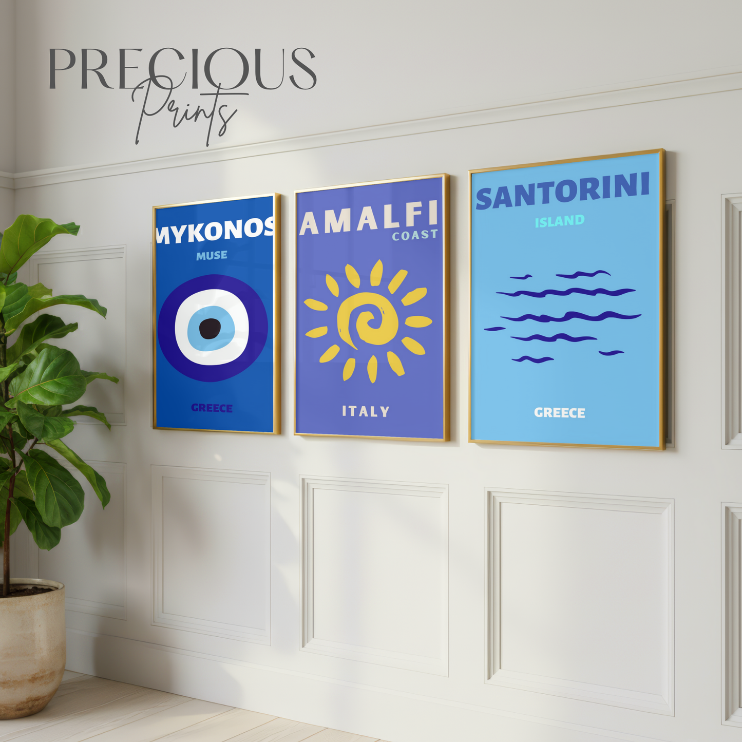 Blue Coastal Aesthetic Wall Art Set of 3 | Mykonos Santorini Amalfi Prints