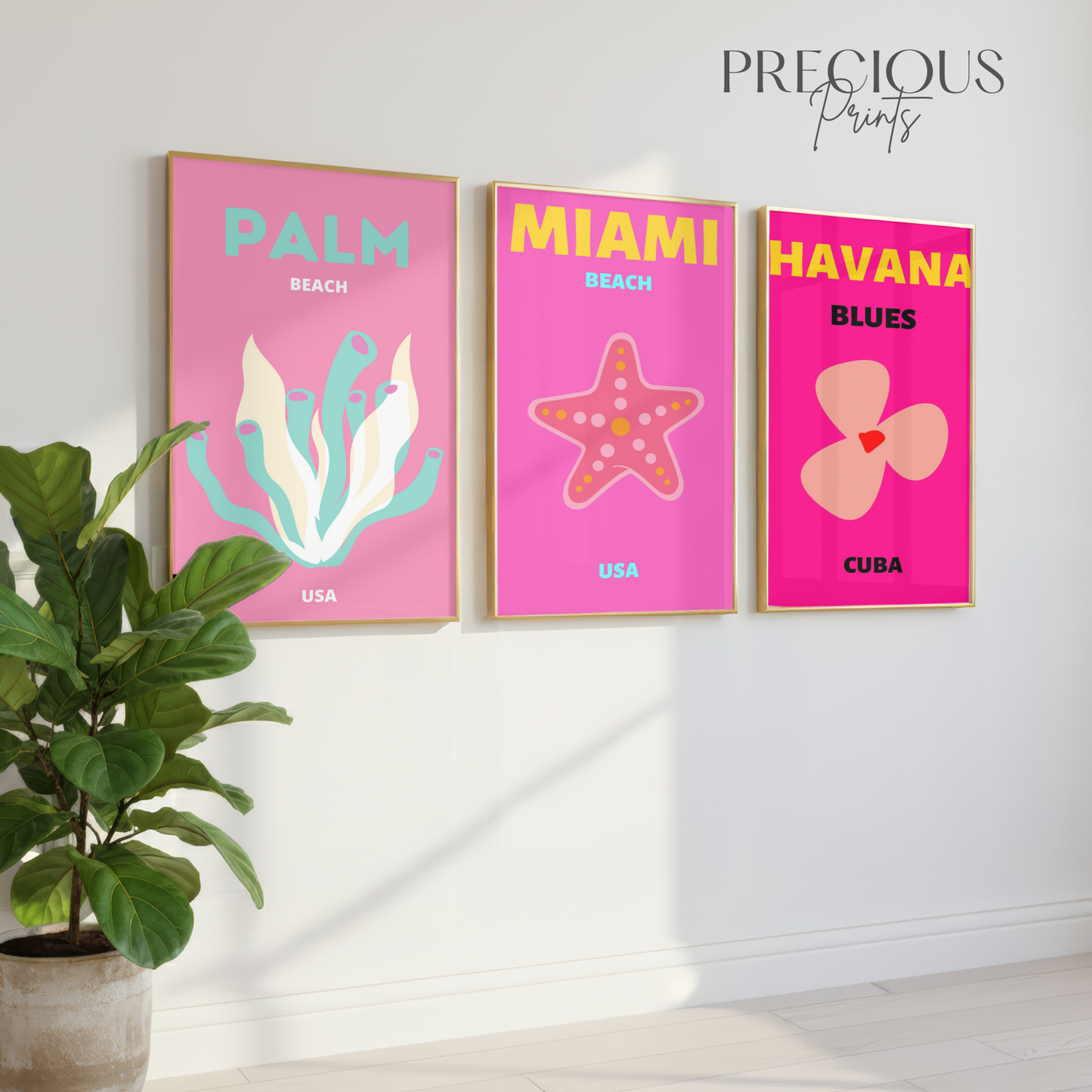 Pink Tropical Travel Print Set of 3 | Miami, Palm Beach & Havana Wall Art
