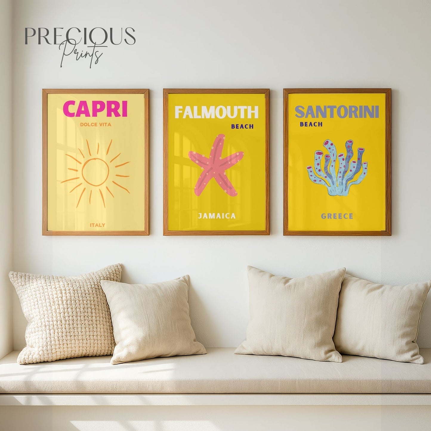 Yellow Summer Travel Poster Set of 3| Capri Santorini Falmouth Wall Art