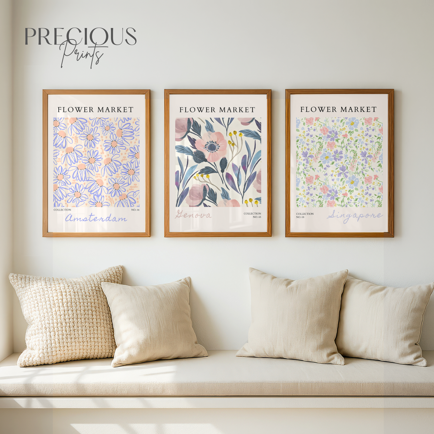 Set of 3 Blue Flower Market Prints