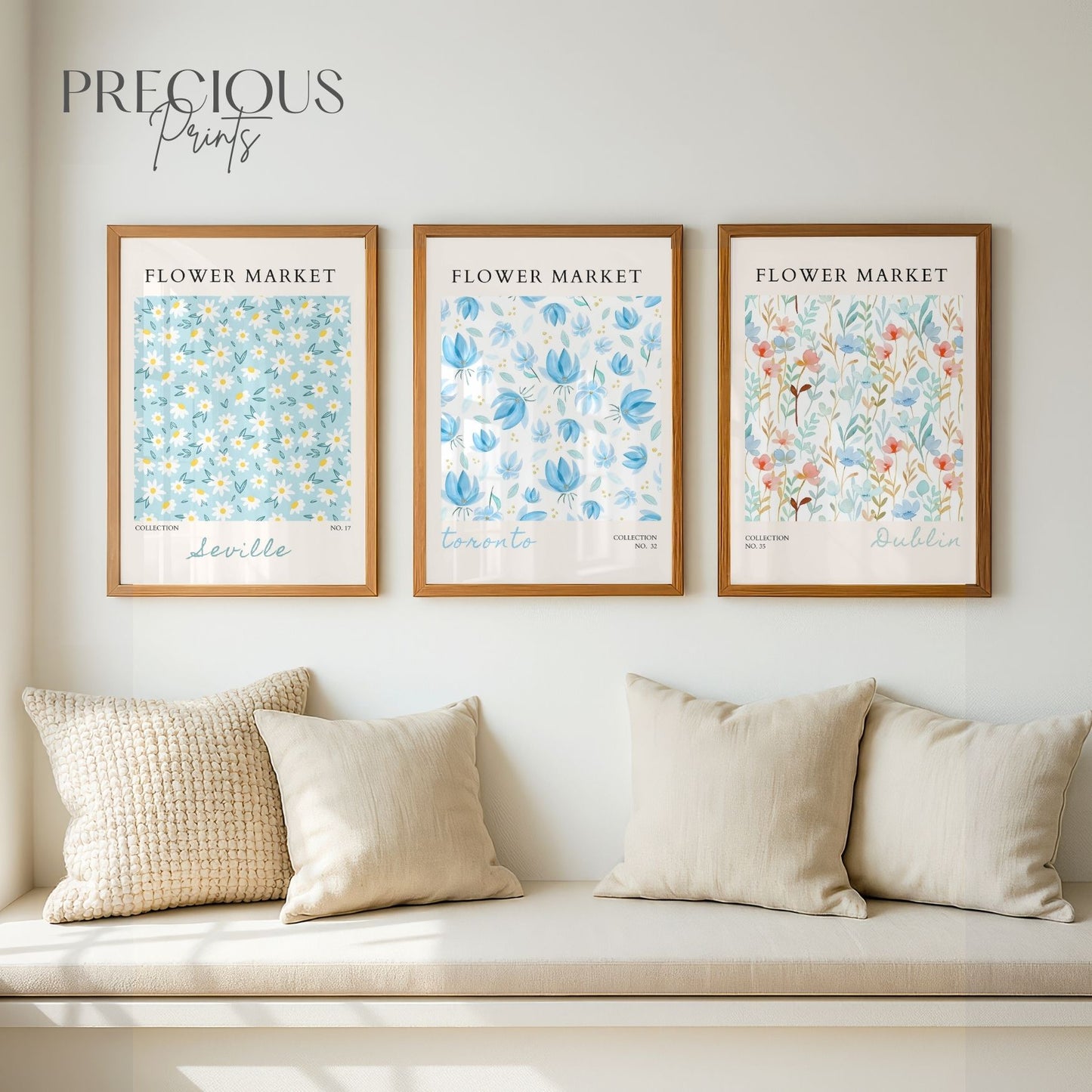 Set of 3 Blue Flower Market Prints