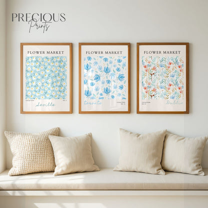 Set of 3 Blue Flower Market Prints