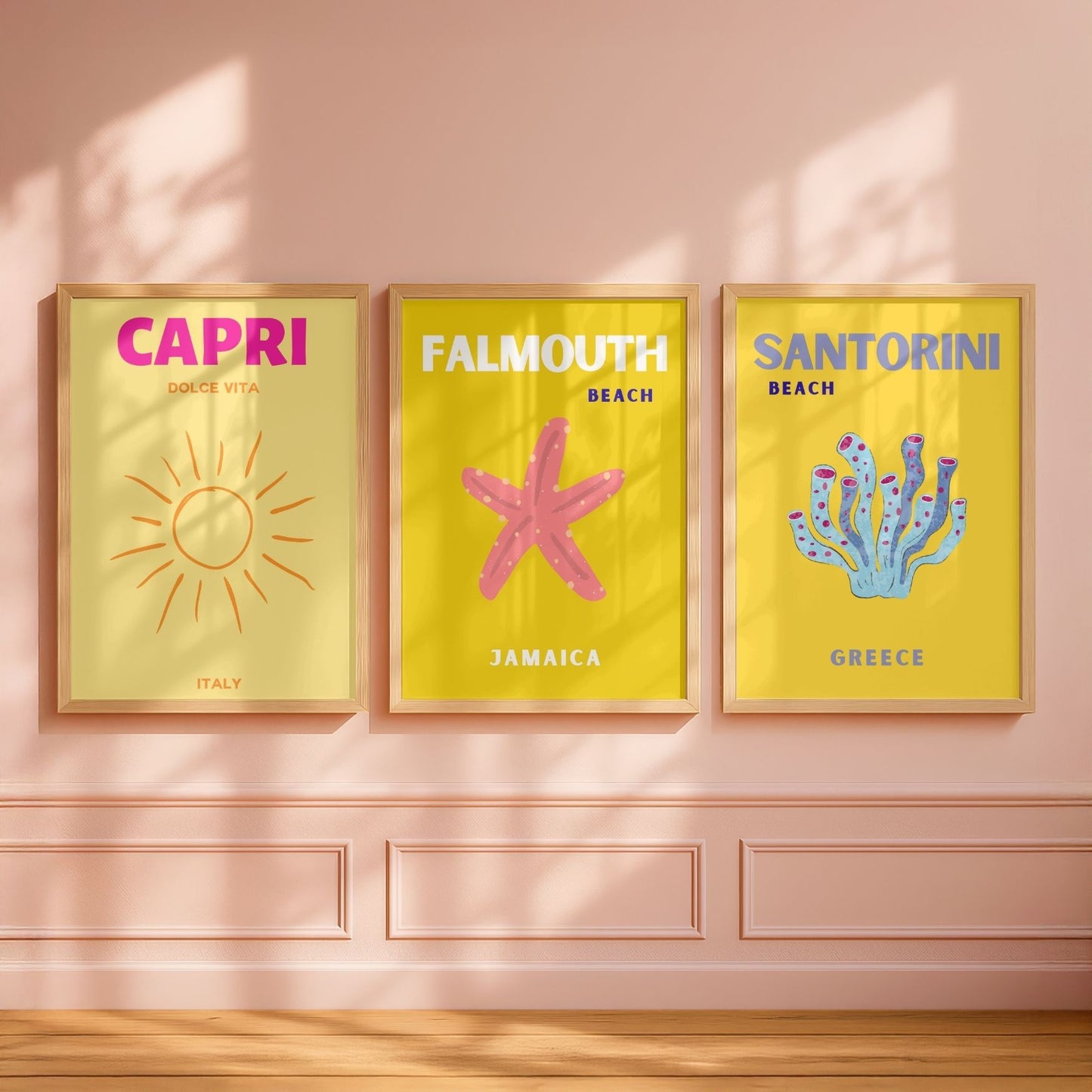 Yellow Summer Travel Poster Set of 3| Capri Santorini Falmouth Wall Art