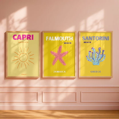 Yellow Summer Travel Poster Set of 3| Capri Santorini Falmouth Wall Art