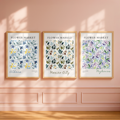 Set of 3 Blue Flower Market Prints