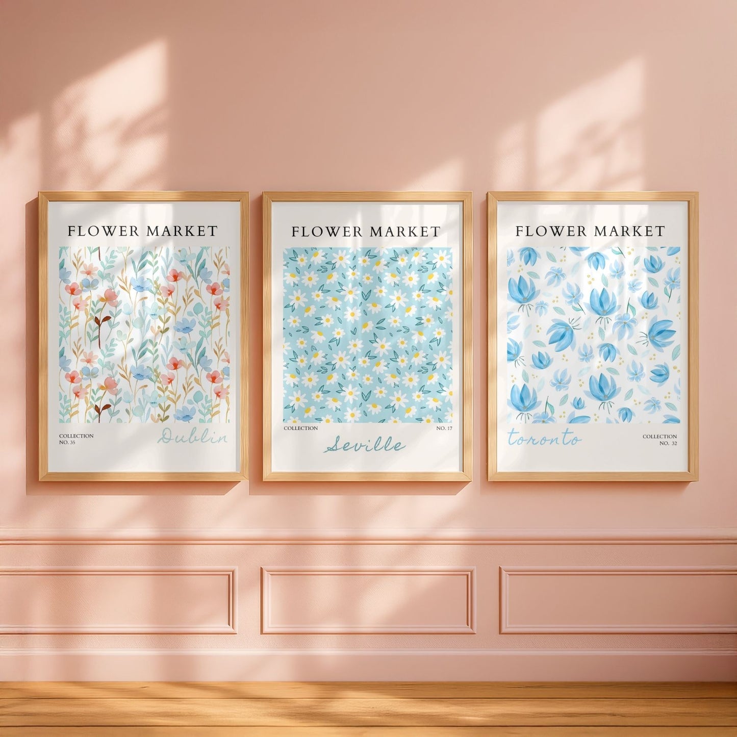 Set of 3 Blue Flower Market Prints