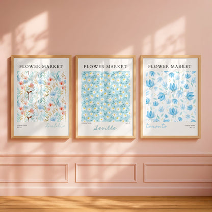 Set of 3 Blue Flower Market Prints