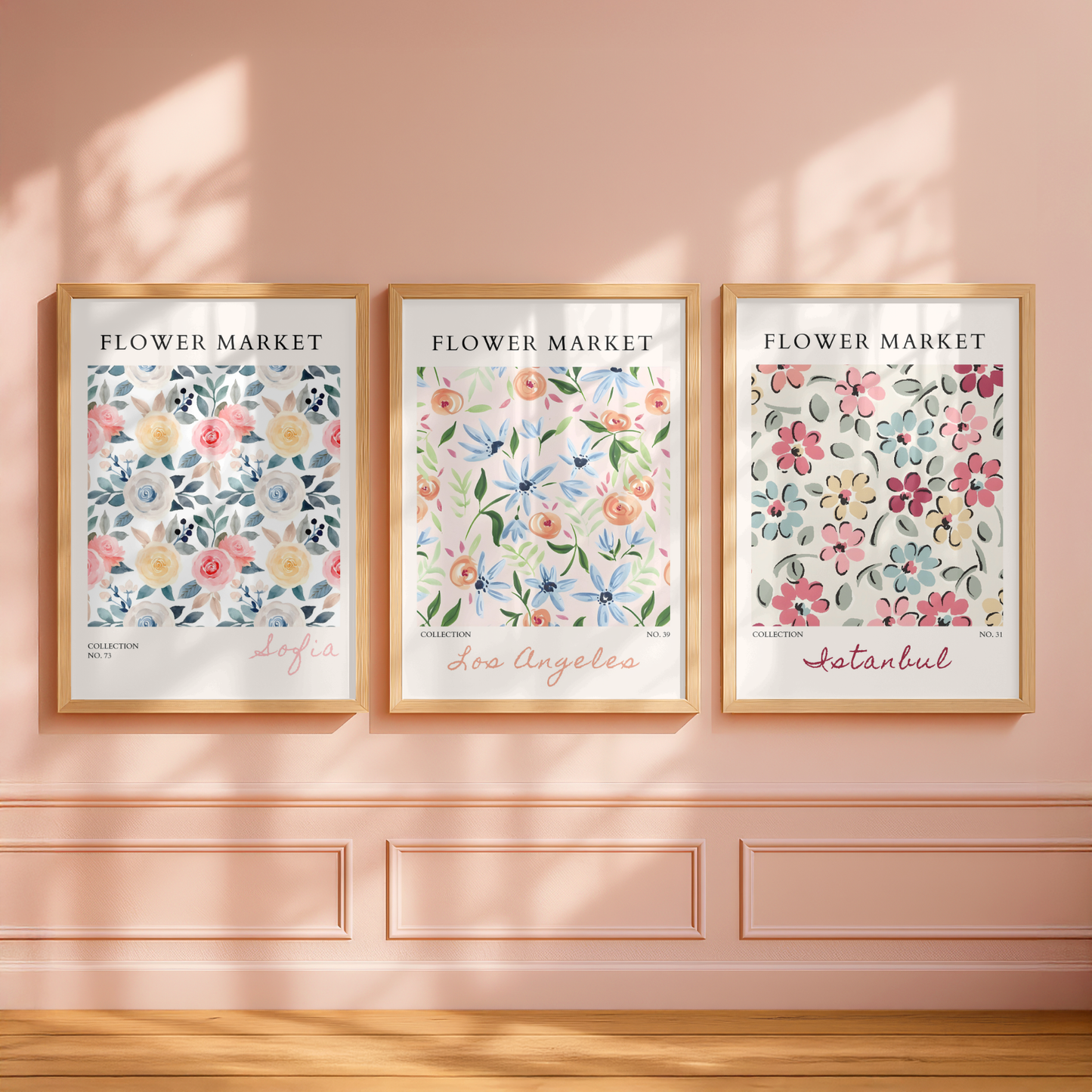 Set of 3 Pink, Coral & Blue Flower Market Prints