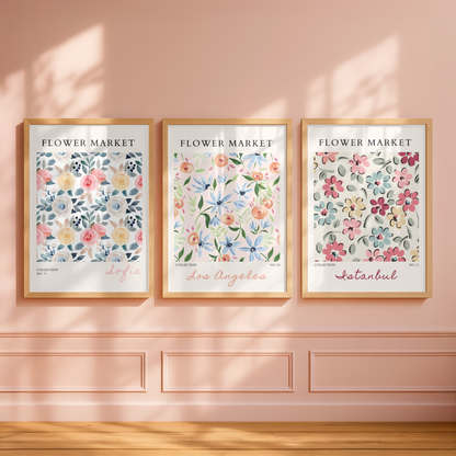 Set of 3 Pink, Coral & Blue Flower Market Prints