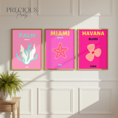 Pink Tropical Travel Print Set of 3 | Miami, Palm Beach & Havana Wall Art