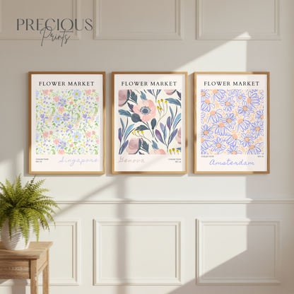 Set of 3 Blue Flower Market Prints
