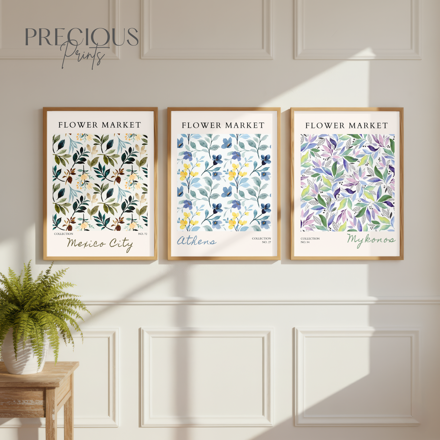 Set of 3 Blue Flower Market Prints