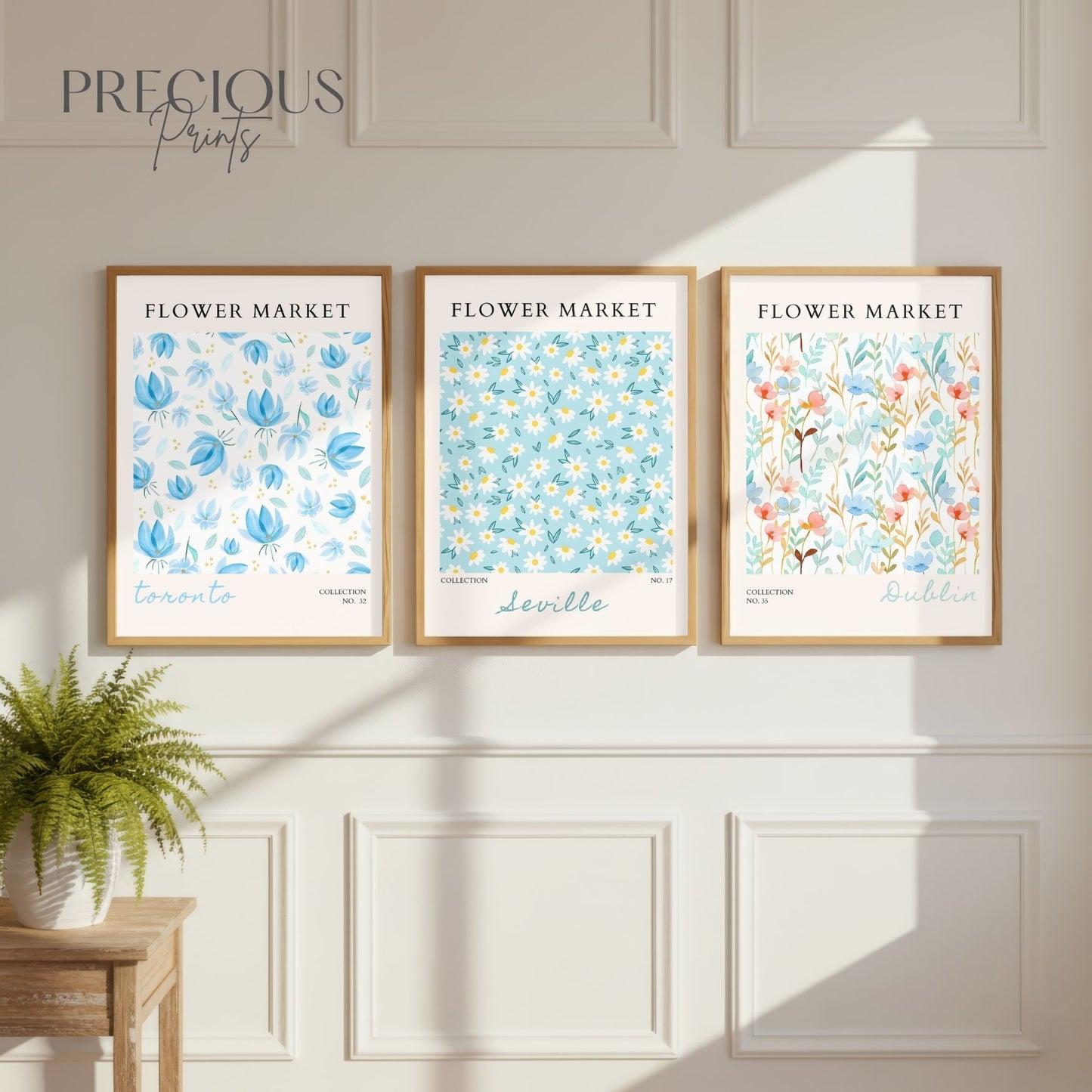 Set of 3 Blue Flower Market Prints