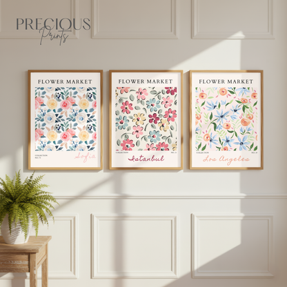 Set of 3 Pink, Coral & Blue Flower Market Prints