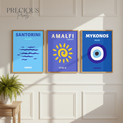 Blue Coastal Aesthetic Wall Art Set of 3 | Mykonos Santorini Amalfi Prints