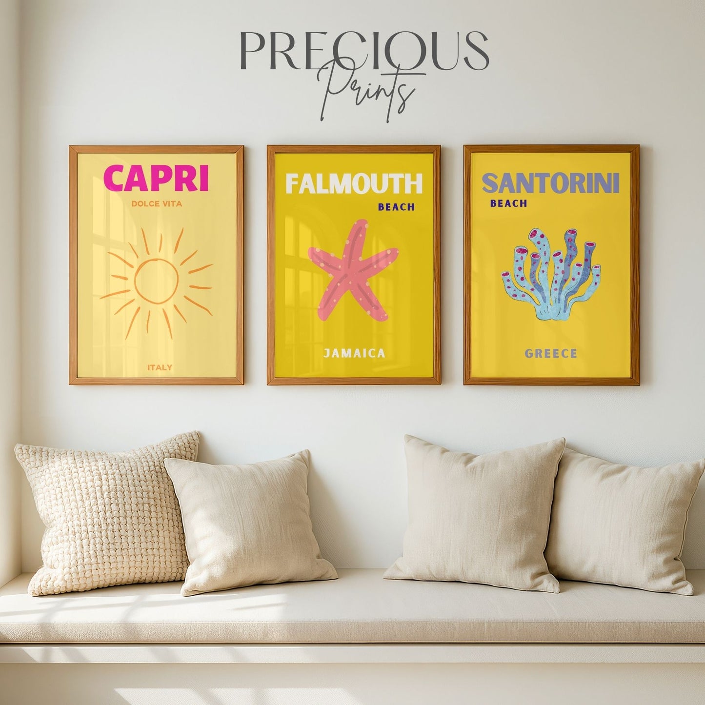 Yellow Summer Travel Poster Set of 3| Capri Santorini Falmouth Wall Art