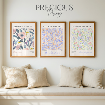 Set of 3 Blue Flower Market Prints