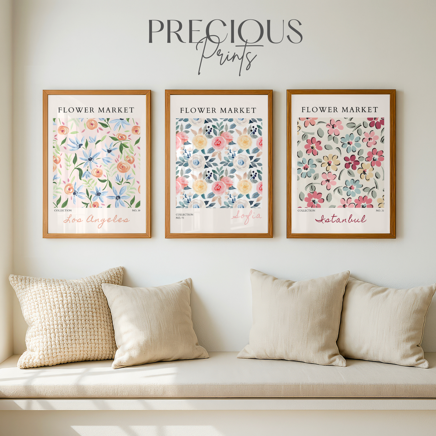 Set of 3 Pink, Coral & Blue Flower Market Prints