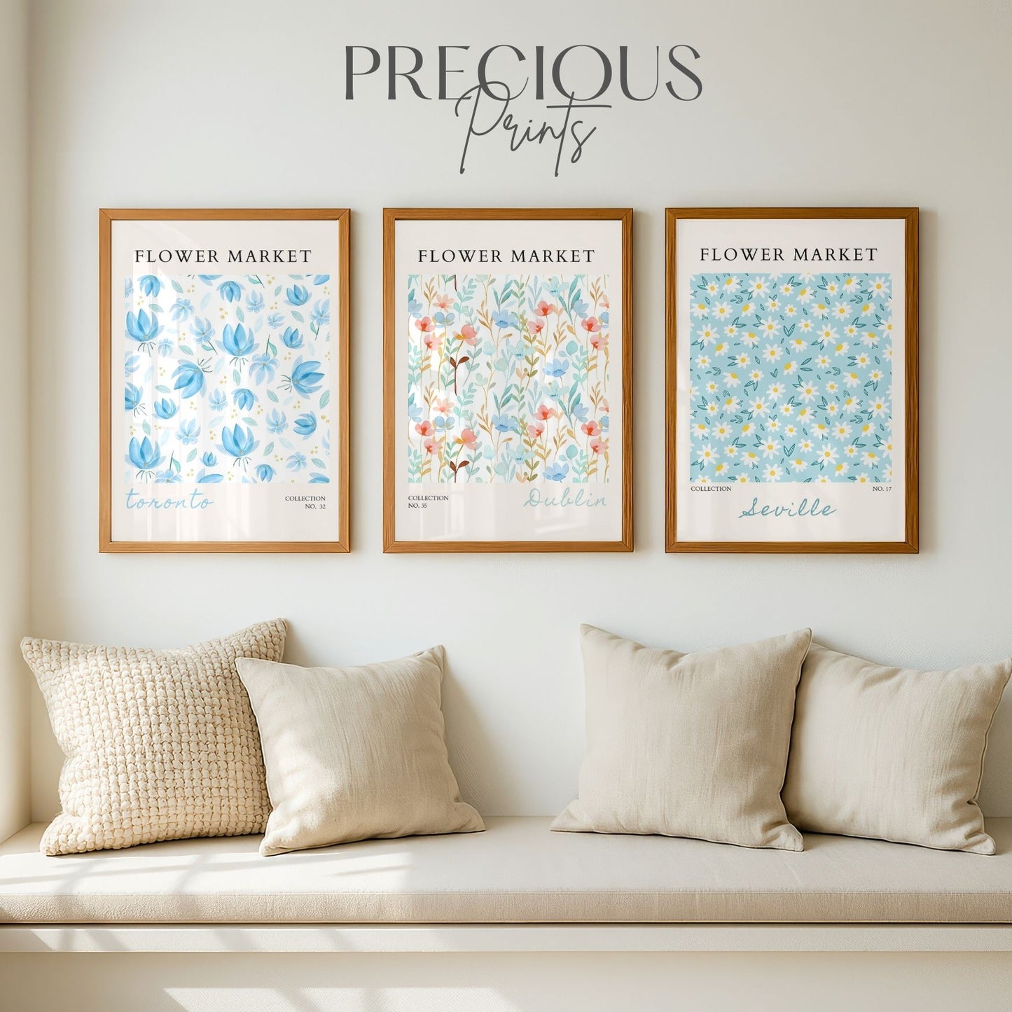 Set of 3 Blue Flower Market Prints