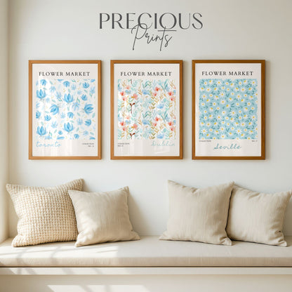 Set of 3 Blue Flower Market Prints
