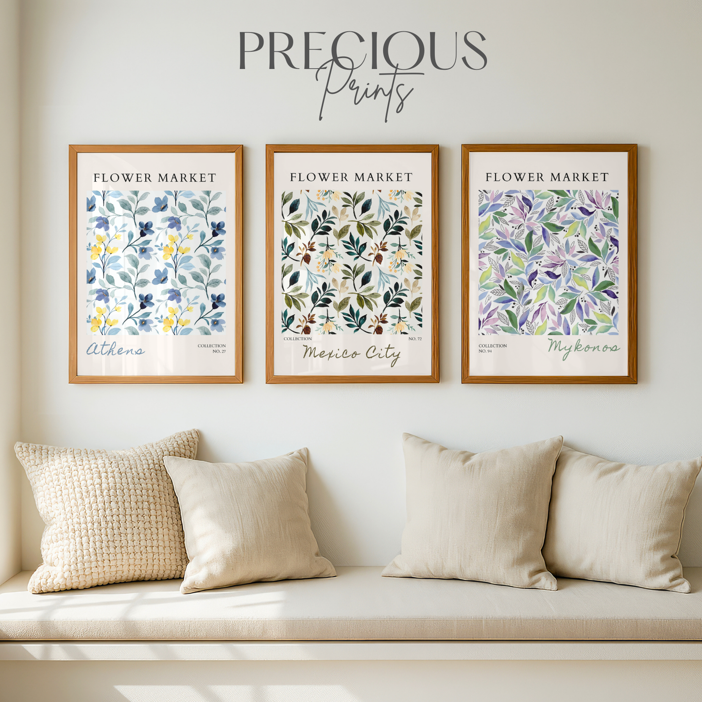 Set of 3 Blue Flower Market Prints