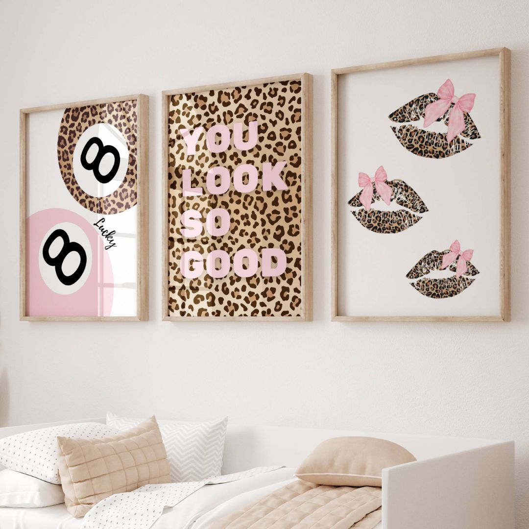 Set of 3 Pink Leopard Prints Bow's and Lip's