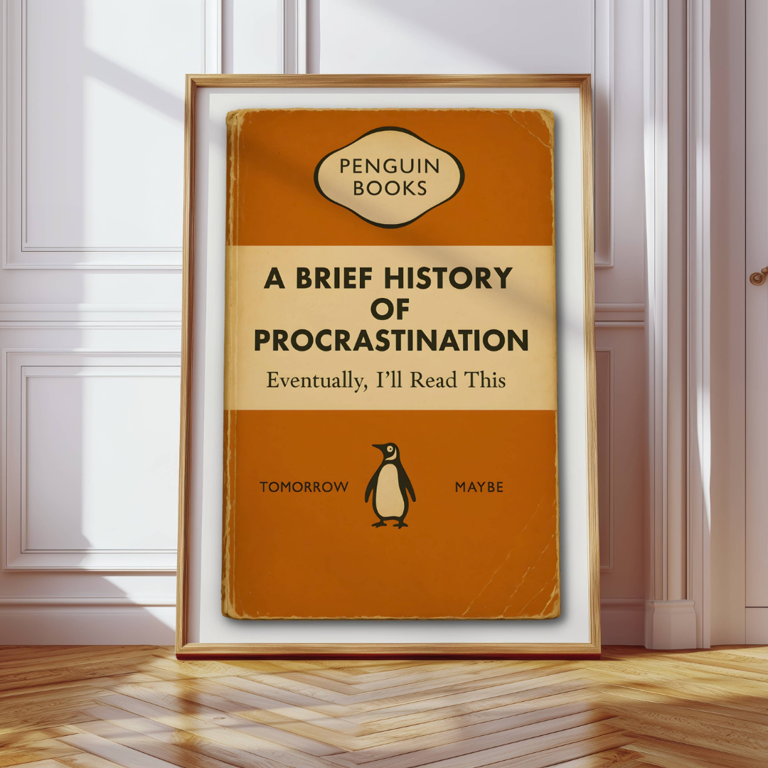 Funny Penguin Book Print - A Brief History of Procrastination