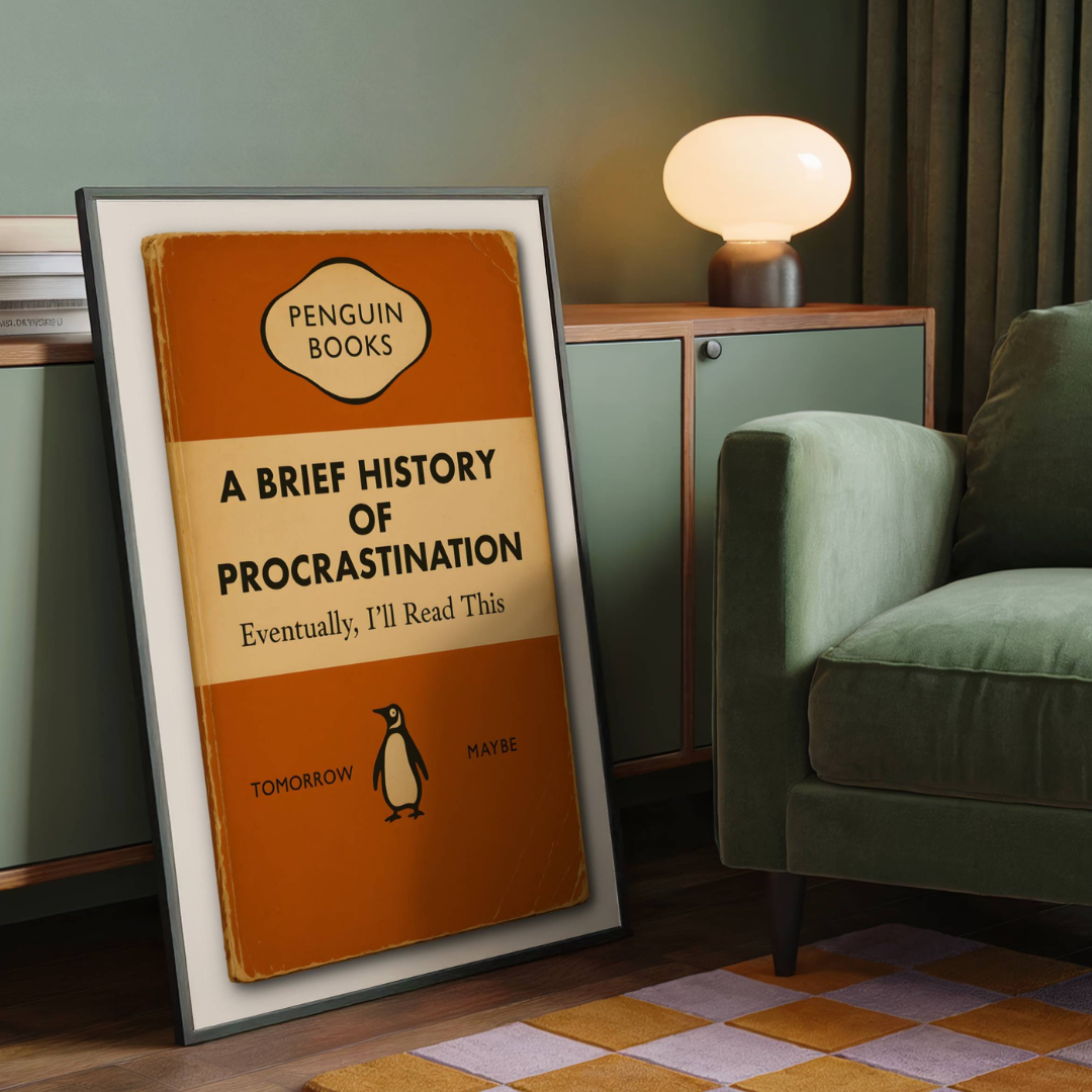 Funny Penguin Book Print - A Brief History of Procrastination