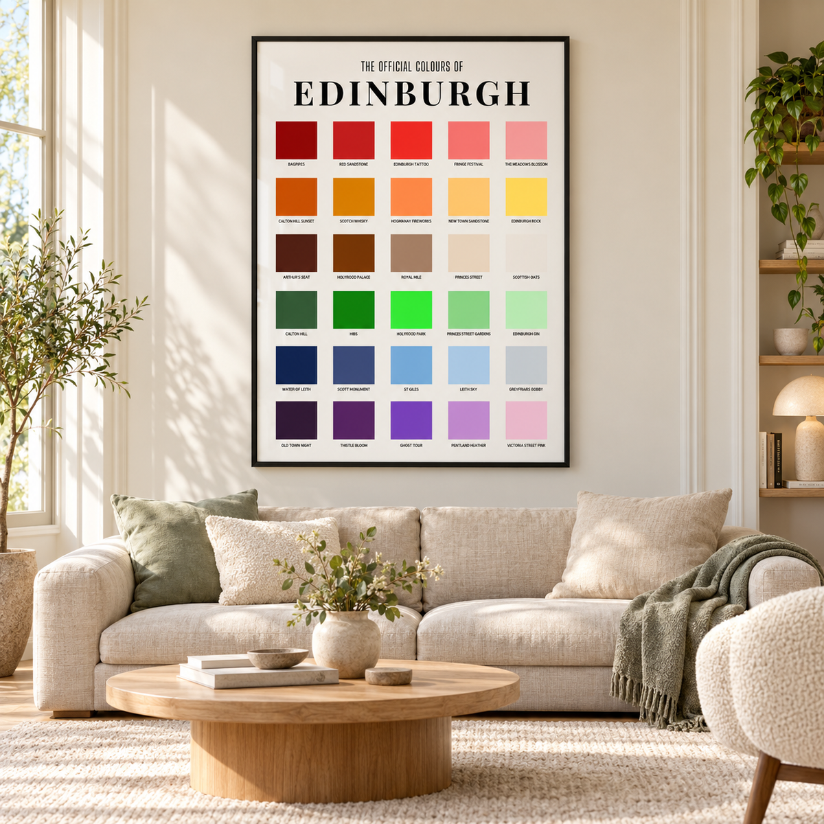 A framed poster reading 'THE OFFICIAL COLOURS OF EDINBURGH' hangs on a cream wall above a beige sofa in a bright, modern living room. The poster contains a grid of many color blocks in red, orange, yellow, green, blue, purple, and brown tones.