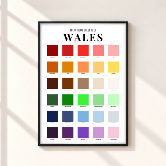 Wales colour chart print featuring 30 colourful squares labelled with Welsh places, foods, symbols and sayings beneath The Official Colours of Wales heading.