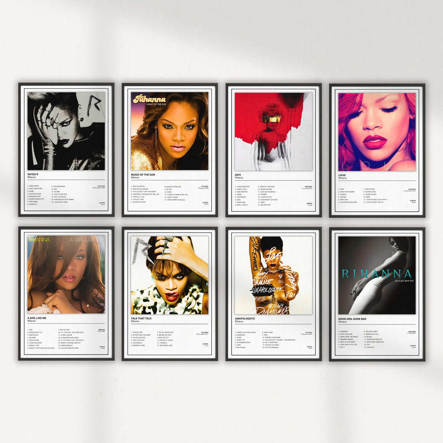 Complete collection of 8 Rihanna album cover posters including Music Of The Sun, A Girl Like Me, Good Girl Gone Bad, Rated R, Loud, Talk That Talk, Unapologetic and Anti. Modern music wall art prints available in A5, A4 and A3 sizes from KG Print Boutique.