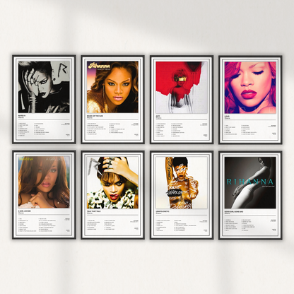 Complete collection of 8 Rihanna album cover posters including Music Of The Sun, A Girl Like Me, Good Girl Gone Bad, Rated R, Loud, Talk That Talk, Unapologetic and Anti. Modern music wall art prints available in A5, A4 and A3 sizes from KG Print Boutique.