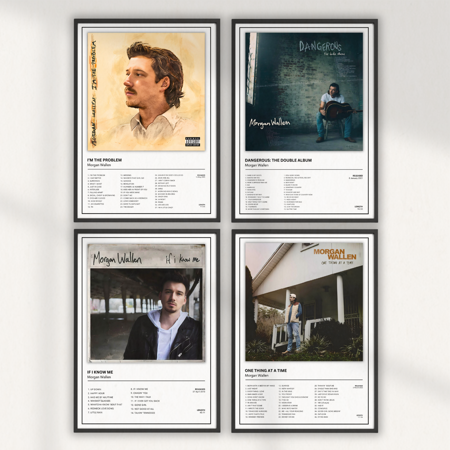 Morgan Wallen album cover wall art collection featuring I'm The Problem, Dangerous, If I Know Me and One Thing At A Time premium unframed prints.