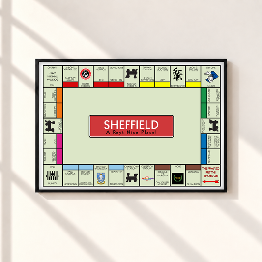 Sheffield Monopoly-style wall art print in a thin black landscape frame, featuring local bands, football clubs and Yorkshire sayings on a pale green background.