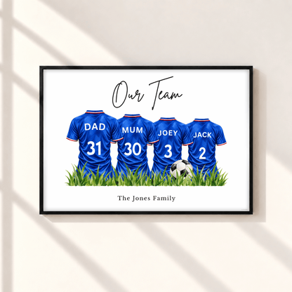 Personalised Glasgow Rangers inspired family football print with four royal blue shirts, custom names and numbers, framed football wall art
