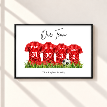 Personalised Liverpool inspired family football print featuring four red football shirts with custom names and numbers in black frame