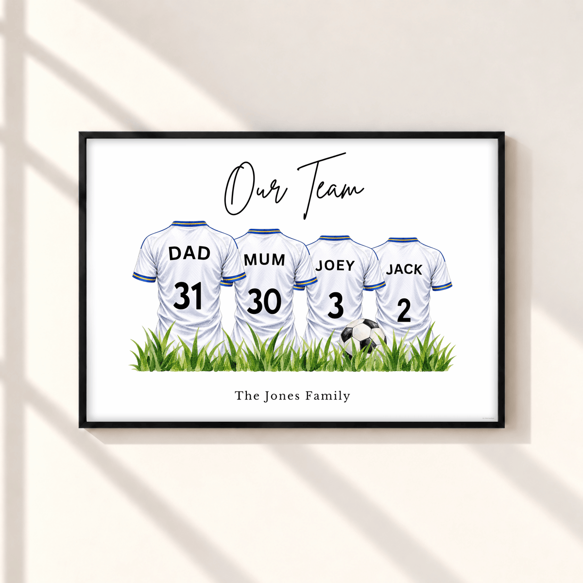 Personalised Leeds United inspired family football print with four white blue and yellow football shirts, custom names and numbers, framed wall art