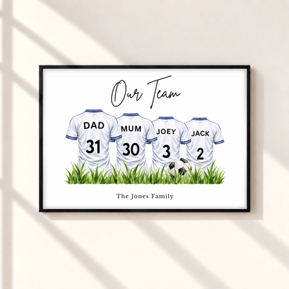 Personalised Leeds United inspired family football print with four white blue and yellow football shirts, custom names and numbers, framed wall art