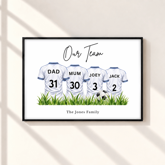 Personalised Leeds United inspired family football print with four white blue and yellow football shirts, custom names and numbers, framed wall art