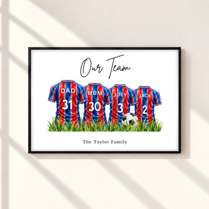 Personalised Crystal Palace inspired family football print with four red and blue striped shirts, custom names and numbers in a black frame